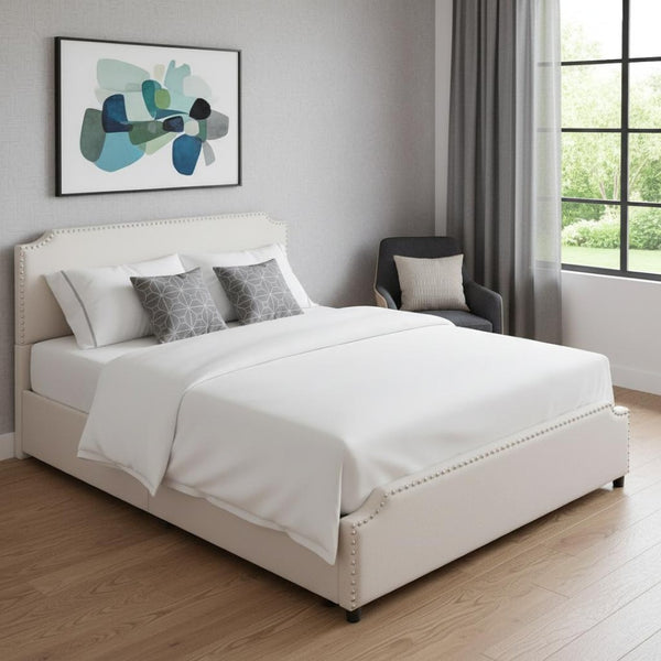 HomeRoots Beige Tufted Upholstered Queen Bed Frame with Drawers - Stylish Storage & Comfort for Your Bedroom 592902