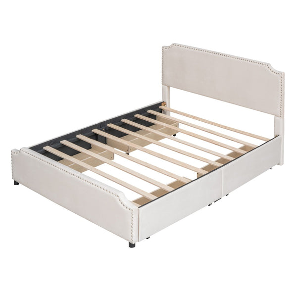 HomeRoots Beige Tufted Upholstered Queen Bed Frame with Drawers - Stylish Storage & Comfort for Your Bedroom 592902