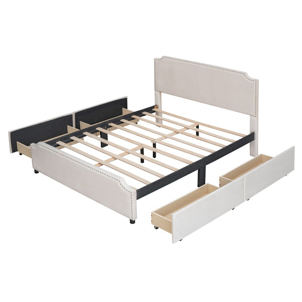 HomeRoots Beige Tufted Upholstered Queen Bed Frame with Drawers - Stylish Storage & Comfort for Your Bedroom 592902