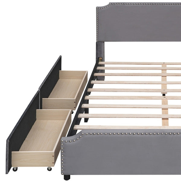 HomeRoots Gray Tufted Upholstered Queen Bed Frame with Storage Drawers - Stylish, Modern & Cozy Design 592903