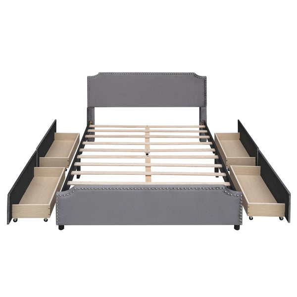 HomeRoots Gray Tufted Upholstered Queen Bed Frame with Storage Drawers - Stylish, Modern & Cozy Design 592903