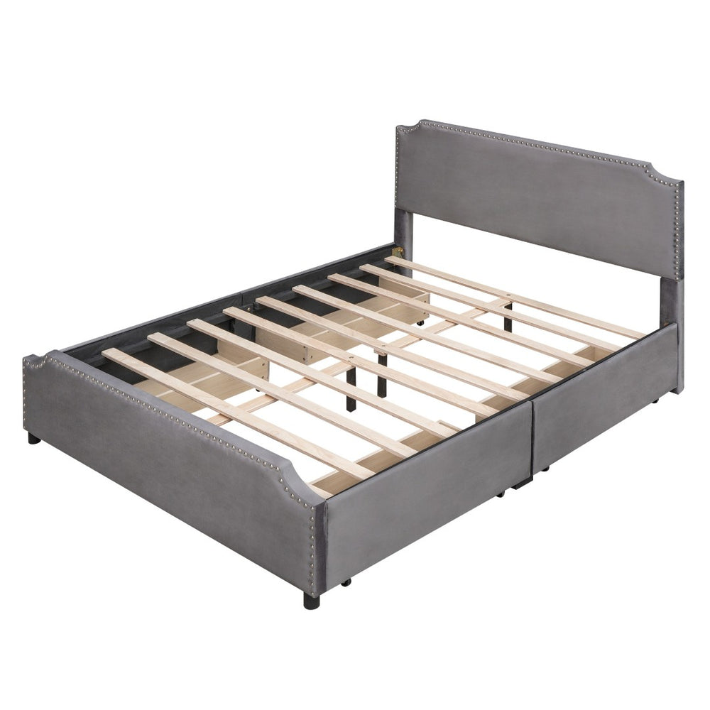 HomeRoots Gray Tufted Upholstered Queen Bed Frame with Storage Drawers - Stylish, Modern & Cozy Design 592903