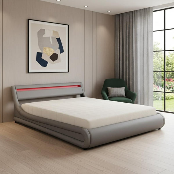 HomeRoots Gray Tufted Faux Leather Queen Bed Frame with USB Port & Ambient Lighting for Modern Bedrooms 592908
