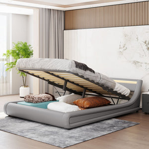 HomeRoots Gray Tufted Faux Leather Queen Bed Frame with USB Port & Ambient Lighting for Modern Bedrooms 592908