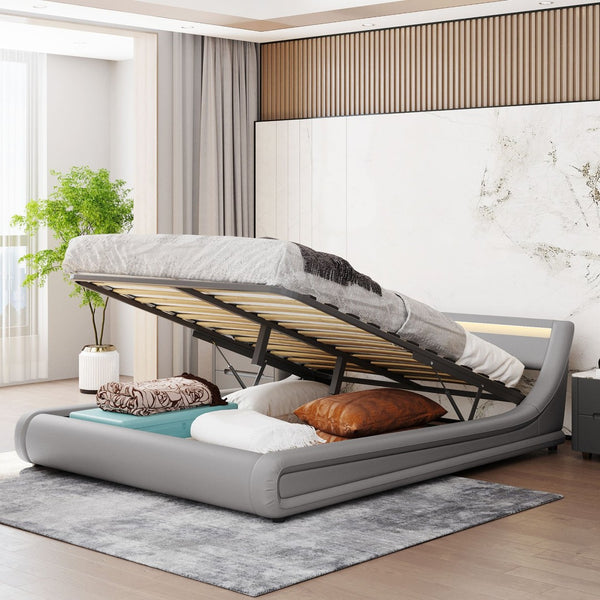 HomeRoots Gray Tufted Faux Leather Queen Bed Frame with USB Port & Ambient Lighting for Modern Bedrooms 592908