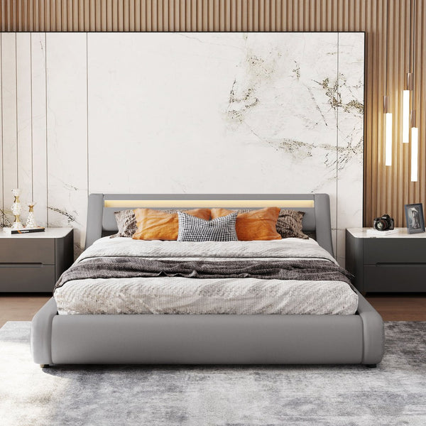 HomeRoots Gray Tufted Faux Leather Queen Bed Frame with USB Port & Ambient Lighting for Modern Bedrooms 592908