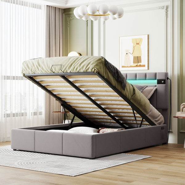 HomeRoots Gray Tufted Faux Leather Full Bed Frame with USB Port - Modern Comfort and Stylish Design! 592909