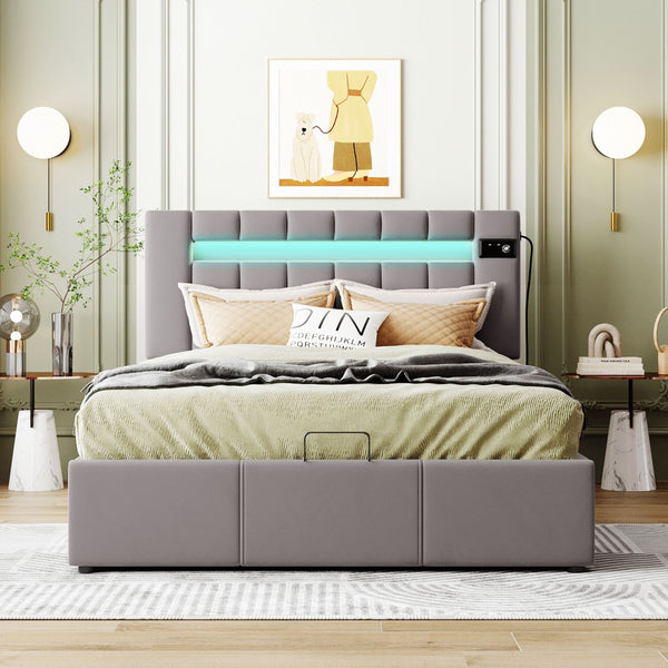 HomeRoots Gray Tufted Faux Leather Full Bed Frame with USB Port - Modern Comfort and Stylish Design! 592909