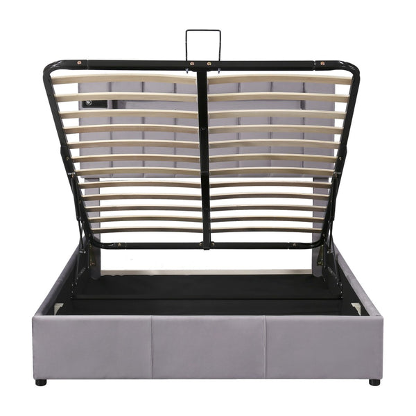 HomeRoots Gray Tufted Faux Leather Full Bed Frame with USB Port - Modern Comfort and Stylish Design! 592909