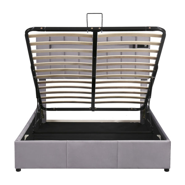 HomeRoots Gray Tufted Faux Leather Full Bed Frame with USB Port - Modern Comfort and Stylish Design! 592909