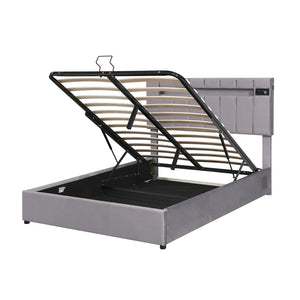 HomeRoots Gray Tufted Faux Leather Full Bed Frame with USB Port - Modern Comfort and Stylish Design! 592909