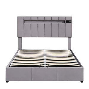 HomeRoots Gray Tufted Faux Leather Full Bed Frame with USB Port - Modern Comfort and Stylish Design! 592909