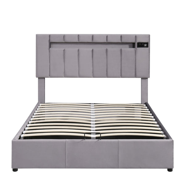HomeRoots Gray Tufted Faux Leather Full Bed Frame with USB Port - Modern Comfort and Stylish Design! 592909