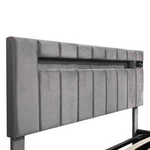 HomeRoots Gray Tufted Faux Leather Full Bed Frame with USB Port - Modern Comfort and Stylish Design! 592909