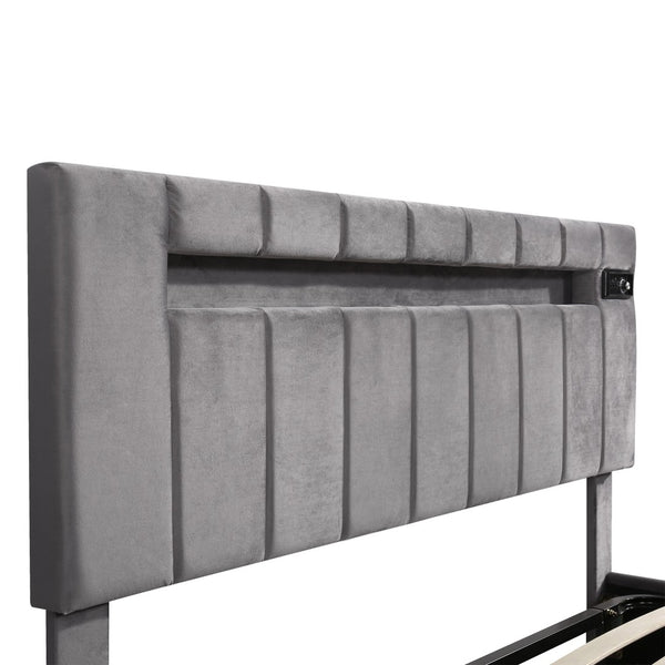 HomeRoots Gray Tufted Faux Leather Full Bed Frame with USB Port - Modern Comfort and Stylish Design! 592909