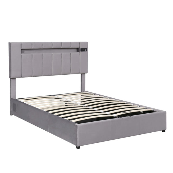 HomeRoots Gray Tufted Faux Leather Full Bed Frame with USB Port - Modern Comfort and Stylish Design! 592909
