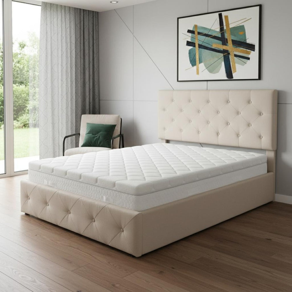 HomeRoots Beige Tufted Faux Leather Full Bed Frame - Stylish Modern Design with Comfort & Durability for Your Bedroom 592914