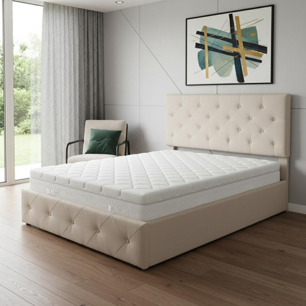 HomeRoots Beige Tufted Faux Leather Full Bed Frame - Stylish Modern Design with Comfort & Durability for Your Bedroom 592914