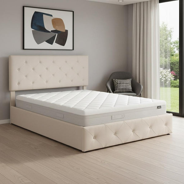 HomeRoots Beige Tufted Faux Leather Queen Bed Frame - Modern Comfort, Stylish Design for Serene Bedrooms 592916