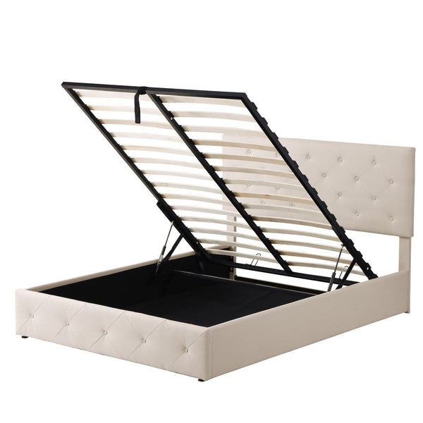 HomeRoots Beige Tufted Faux Leather Queen Bed Frame - Modern Comfort, Stylish Design for Serene Bedrooms 592916
