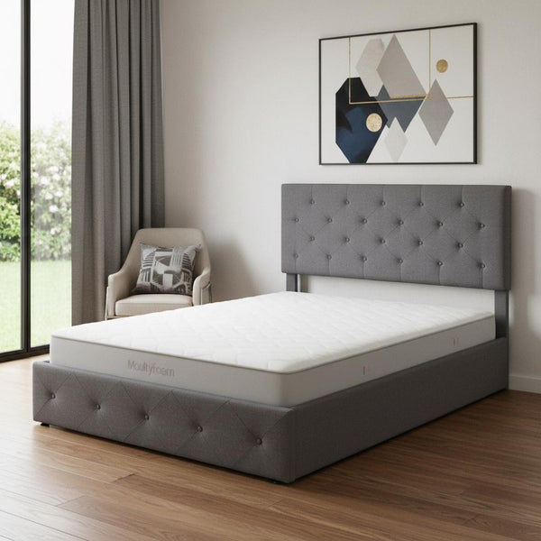 HomeRoots Gray Tufted Faux Leather Queen Bed Frame - Modern Platform Design for Stylish Bedrooms & Comfort 592917