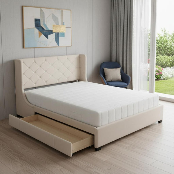 HomeRoots Beige Tufted Velvet Queen Bed Frame - Luxurious Upholstered Design for Modern Bedrooms & Comfort 592918