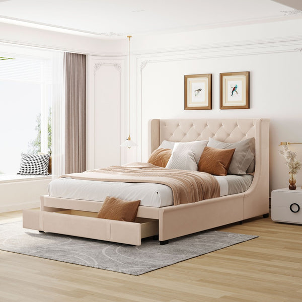 HomeRoots Beige Tufted Velvet Queen Bed Frame - Luxurious Upholstered Design for Modern Bedrooms & Comfort 592918