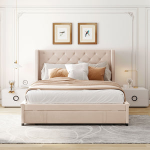 HomeRoots Beige Tufted Velvet Queen Bed Frame - Luxurious Upholstered Design for Modern Bedrooms & Comfort 592918