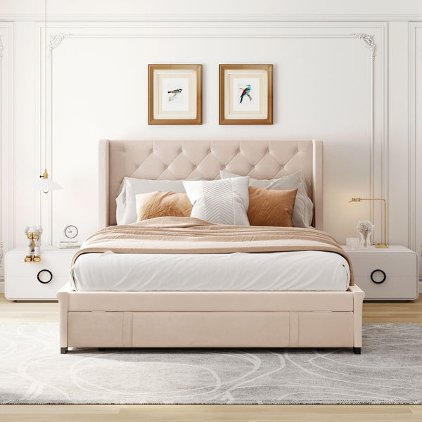 HomeRoots Beige Tufted Velvet Queen Bed Frame - Luxurious Upholstered Design for Modern Bedrooms & Comfort 592918