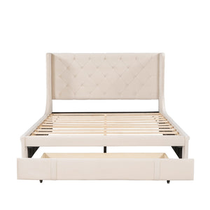 HomeRoots Beige Tufted Velvet Queen Bed Frame - Luxurious Upholstered Design for Modern Bedrooms & Comfort 592918