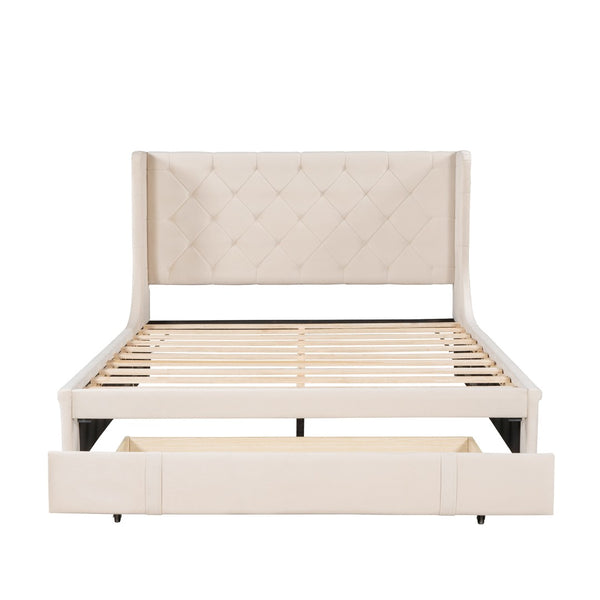 HomeRoots Beige Tufted Velvet Queen Bed Frame - Luxurious Upholstered Design for Modern Bedrooms & Comfort 592918