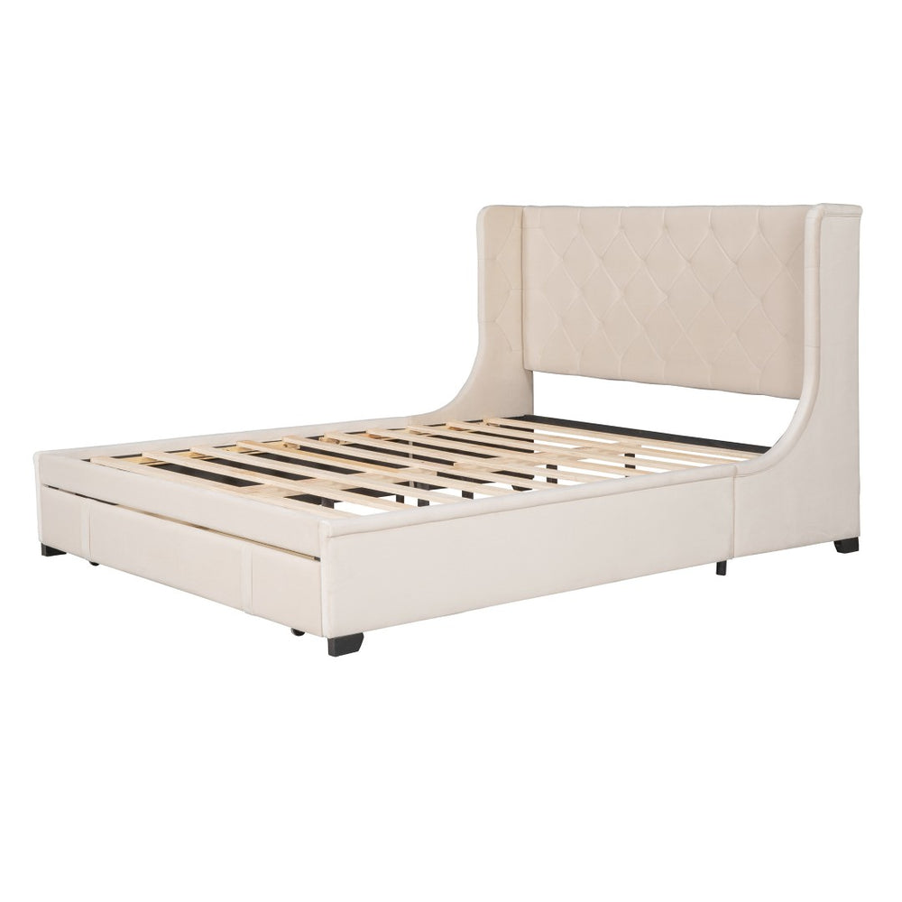 HomeRoots Beige Tufted Velvet Queen Bed Frame - Luxurious Upholstered Design for Modern Bedrooms & Comfort 592918