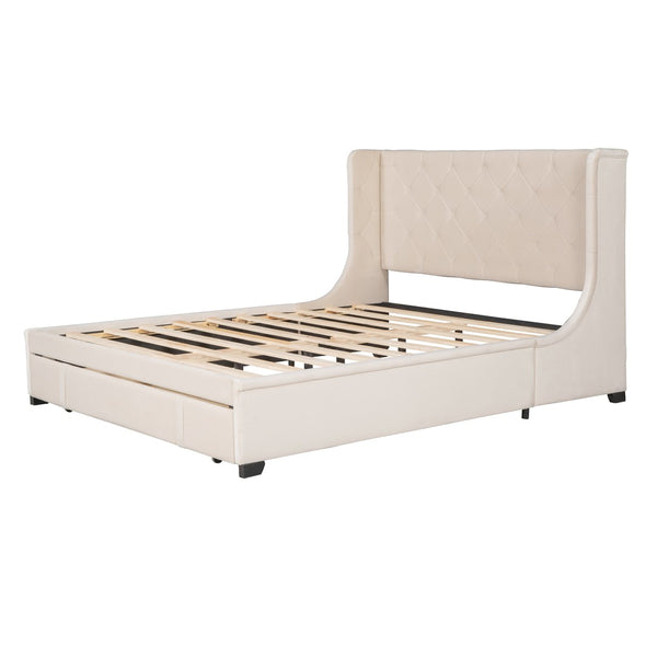HomeRoots Beige Tufted Velvet Queen Bed Frame - Luxurious Upholstered Design for Modern Bedrooms & Comfort 592918