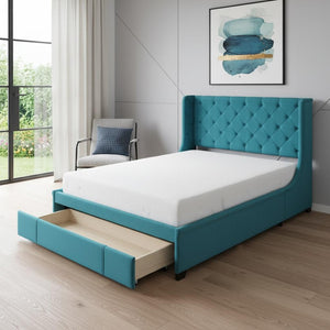 HomeRoots Blue Tufted Velvet Upholstered Queen Bed Frame - Chic, Cozy Luxury with Sturdy Platform Support 592919