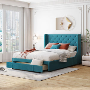 HomeRoots Blue Tufted Velvet Upholstered Queen Bed Frame - Chic, Cozy Luxury with Sturdy Platform Support 592919