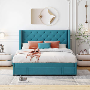 HomeRoots Blue Tufted Velvet Upholstered Queen Bed Frame - Chic, Cozy Luxury with Sturdy Platform Support 592919