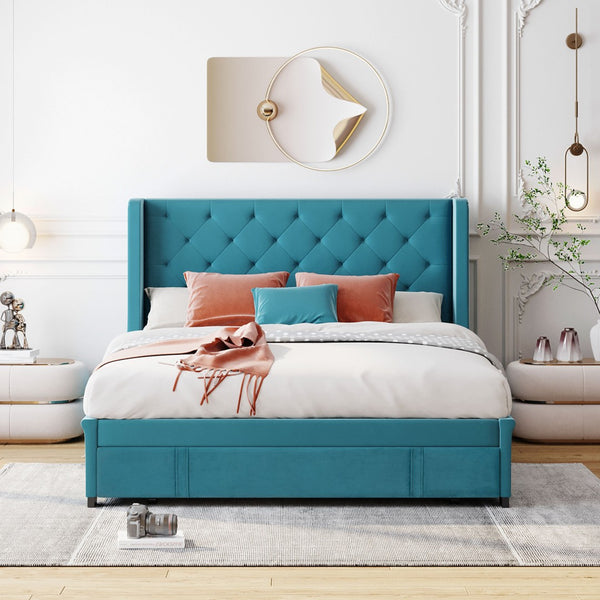 HomeRoots Blue Tufted Velvet Upholstered Queen Bed Frame - Chic, Cozy Luxury with Sturdy Platform Support 592919