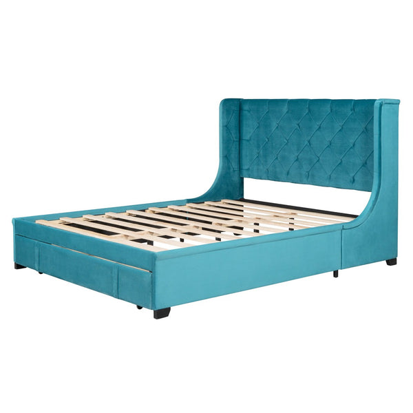 HomeRoots Blue Tufted Velvet Upholstered Queen Bed Frame - Chic, Cozy Luxury with Sturdy Platform Support 592919