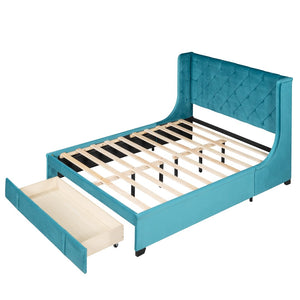 HomeRoots Blue Tufted Velvet Upholstered Queen Bed Frame - Chic, Cozy Luxury with Sturdy Platform Support 592919