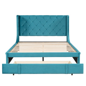 HomeRoots Blue Tufted Velvet Upholstered Queen Bed Frame - Chic, Cozy Luxury with Sturdy Platform Support 592919