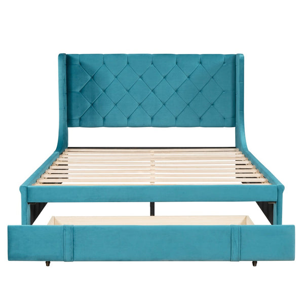HomeRoots Blue Tufted Velvet Upholstered Queen Bed Frame - Chic, Cozy Luxury with Sturdy Platform Support 592919