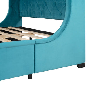 HomeRoots Blue Tufted Velvet Upholstered Queen Bed Frame - Chic, Cozy Luxury with Sturdy Platform Support 592919