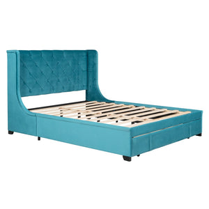 HomeRoots Blue Tufted Velvet Upholstered Queen Bed Frame - Chic, Cozy Luxury with Sturdy Platform Support 592919