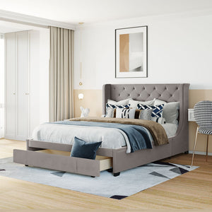 HomeRoots Gray Tufted Velvet Queen Bed Frame – Stylish, Durable Design with Cozy Comfort & Modern Elegance 592920