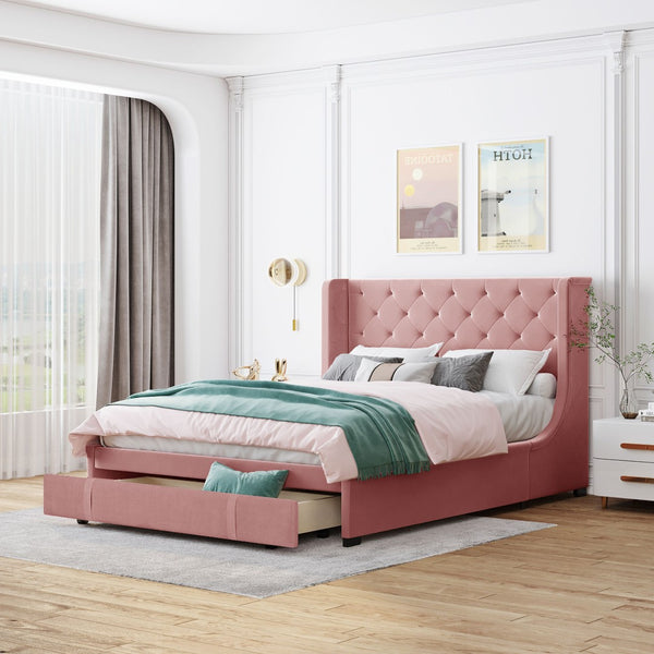 HomeRoots Pink Tufted Velvet Queen Bed Frame - Luxurious Upholstered Platform Design with Chic Modern Style 592921