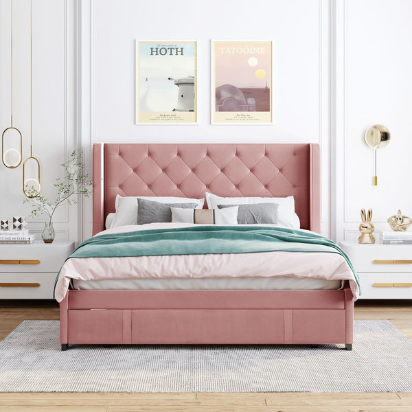 HomeRoots Pink Tufted Velvet Queen Bed Frame - Luxurious Upholstered Platform Design with Chic Modern Style 592921