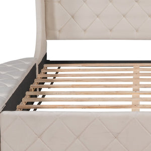 HomeRoots Beige Tufted Velvet Queen Bed Frame - Elegant Upholstered Centerpiece for Stylish Bedroom Retreat 592922