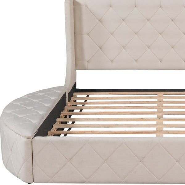 HomeRoots Beige Tufted Velvet Queen Bed Frame - Elegant Upholstered Centerpiece for Stylish Bedroom Retreat 592922