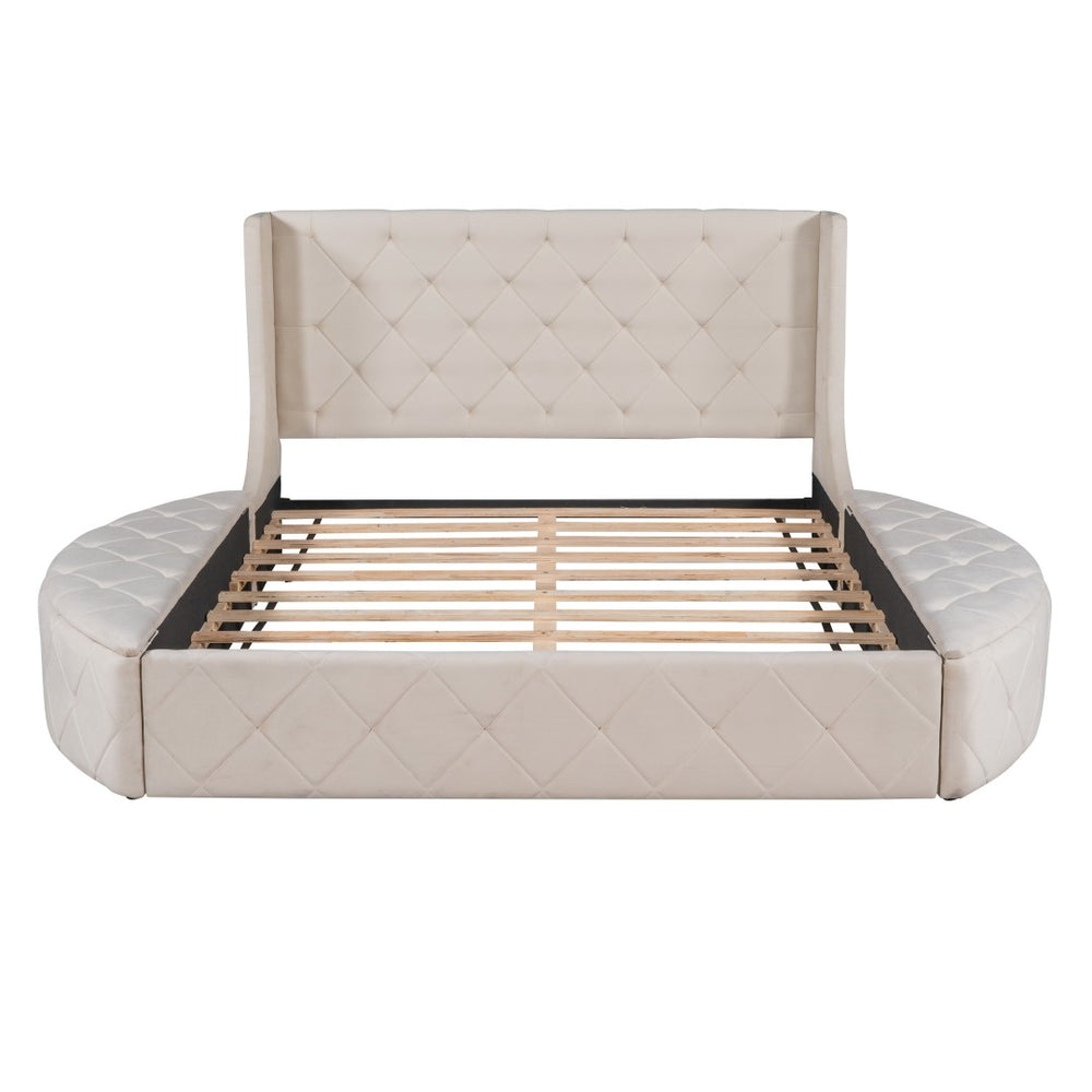 HomeRoots Beige Tufted Velvet Queen Bed Frame - Elegant Upholstered Centerpiece for Stylish Bedroom Retreat 592922