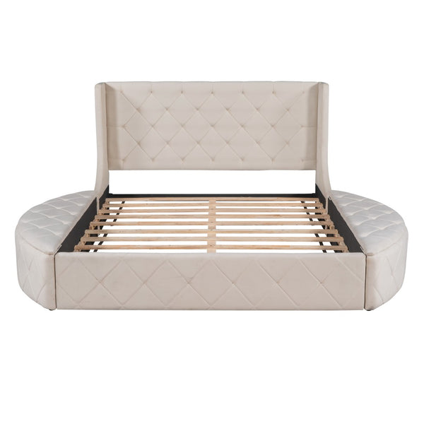 HomeRoots Beige Tufted Velvet Queen Bed Frame - Elegant Upholstered Centerpiece for Stylish Bedroom Retreat 592922